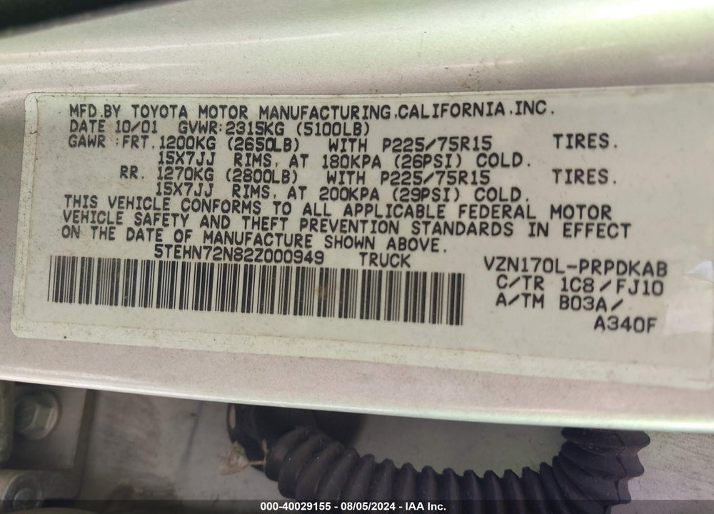 2002 TOYOTA TACOMA BASE V6 VIN: 5TEHN72N82Z000949