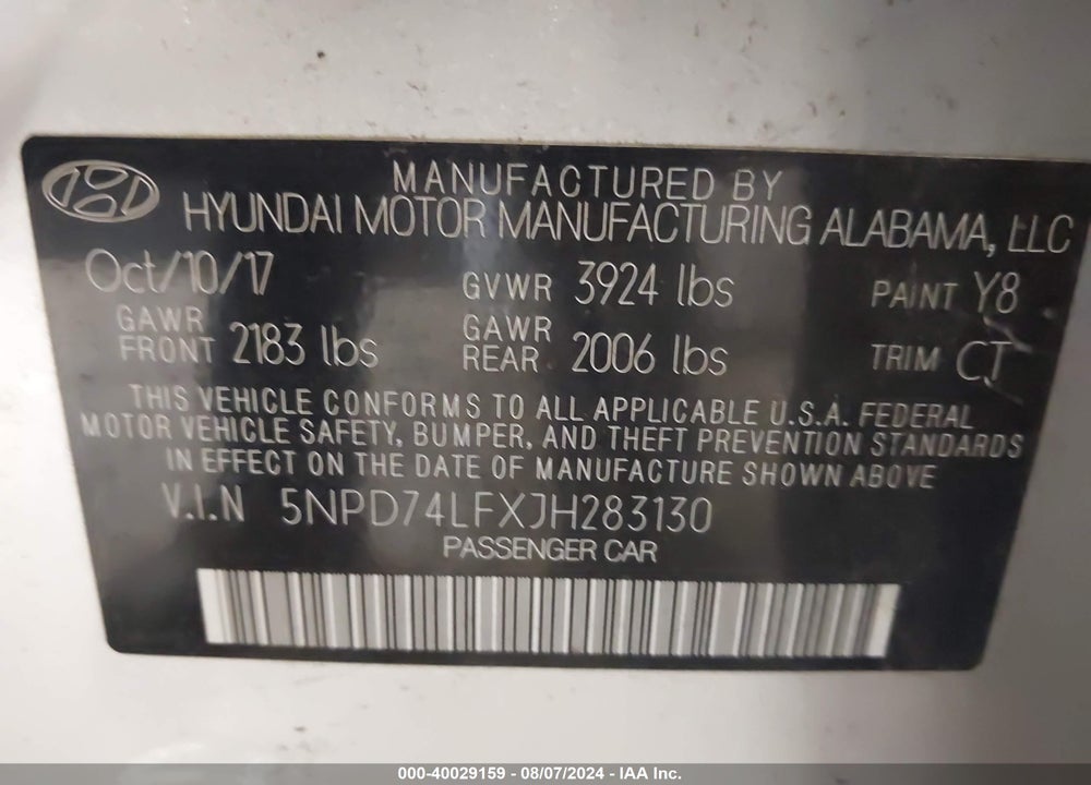 2018 HYUNDAI ELANTRA SE VIN: 5NPD74LFXJH283130