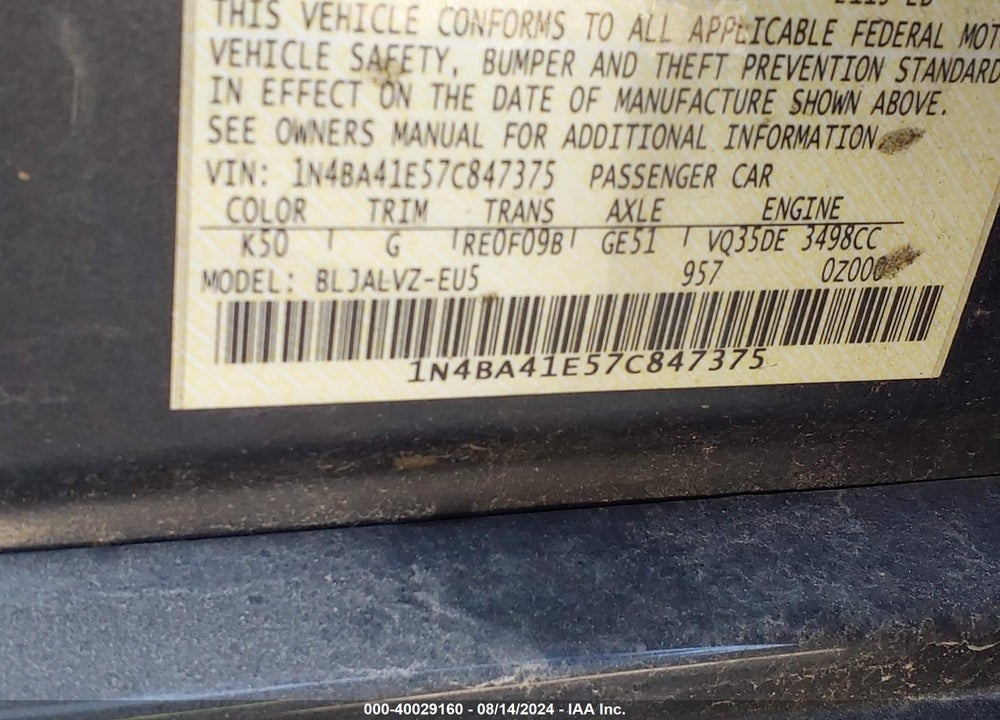 2007 NISSAN MAXIMA VIN: 1N4BA41E57C847375