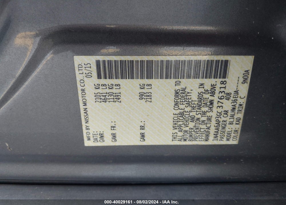 2016 NISSAN MAXIMA VIN: 1N4AA6AP3GC376318