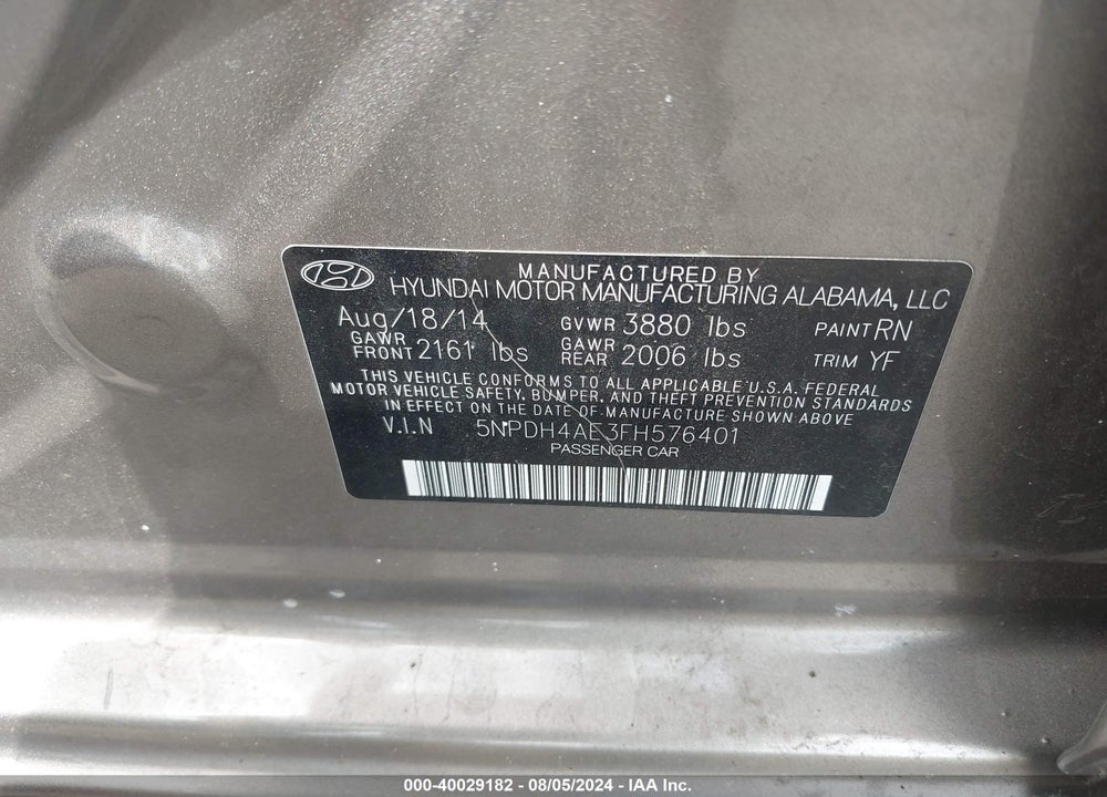 2015 HYUNDAI ELANTRA SE VIN: 5NPDH4AE3FH576401