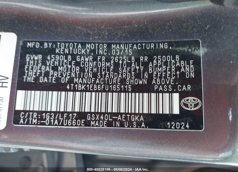 2015 TOYOTA AVALON XLE PREMIUM VIN: 4T1BK1EB6FU165115