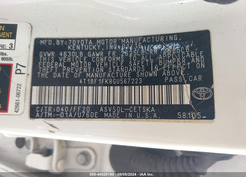 2016 TOYOTA CAMRY SE VIN: 4T1BF1FK8GU567223