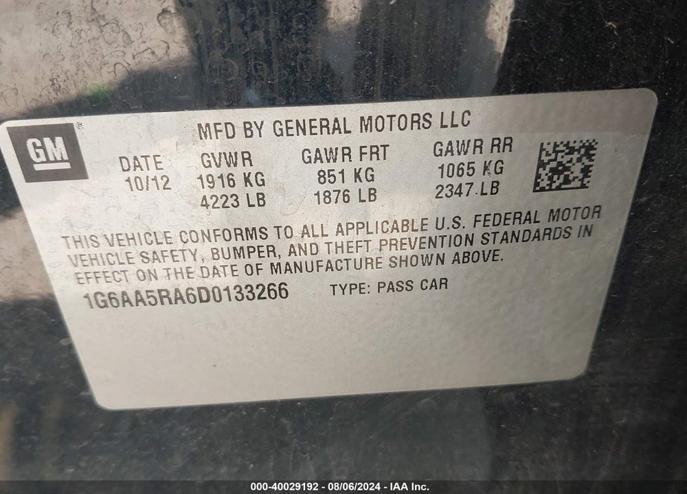 2013 CADILLAC ATS STANDARD VIN: 1G6AA5RA6D0133266