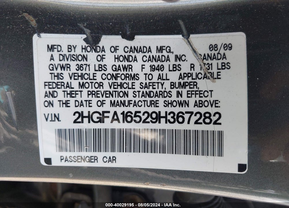 2009 HONDA CIVIC LX VIN: 2HGFA16529H367282
