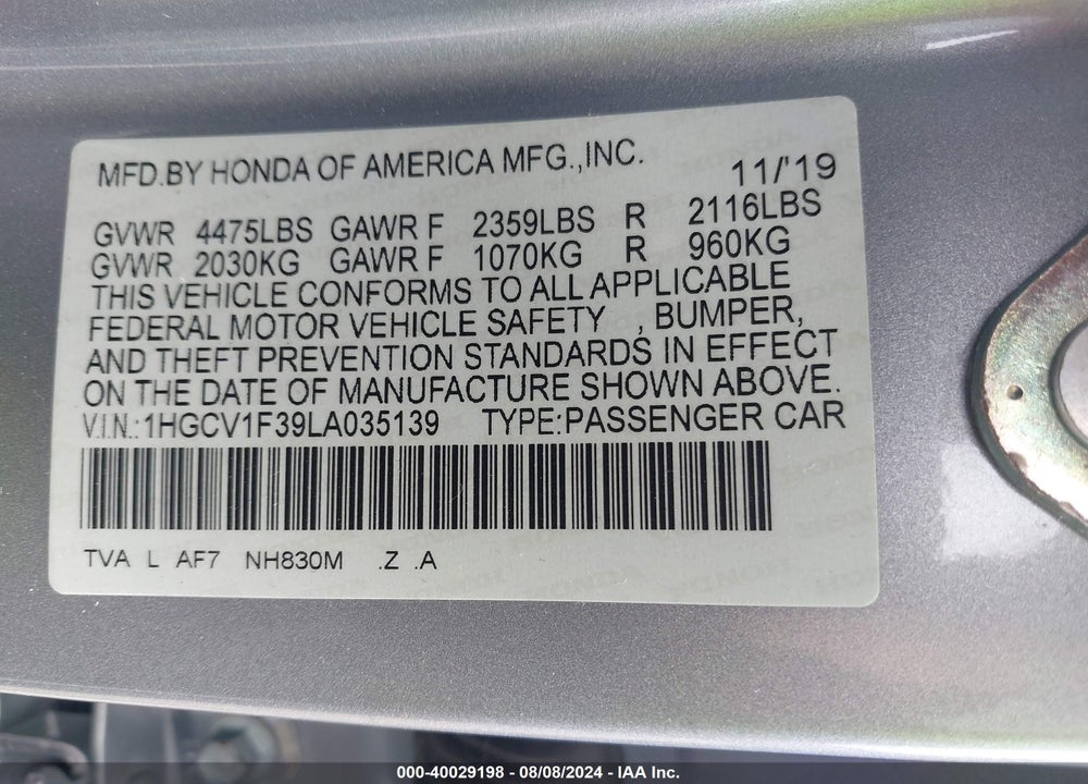 2020 HONDA ACCORD SPORT VIN: 1HGCV1F39LA035139