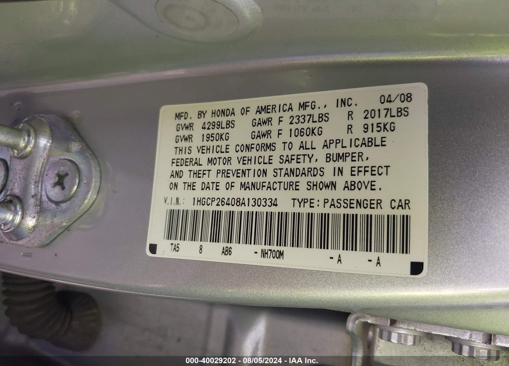 2008 HONDA ACCORD 2.4 LX-P VIN: 1HGCP26408A130334