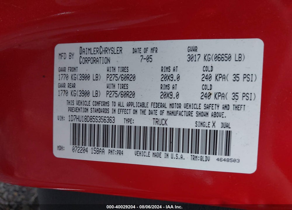 2005 DODGE RAM 1500 SLT/LARAMIE VIN: 1D7HU18D85S356363