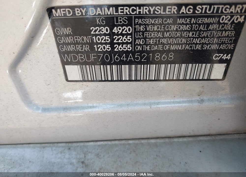 2004 MERCEDES-BENZ E 500 VIN: WDBUF70J64A521868
