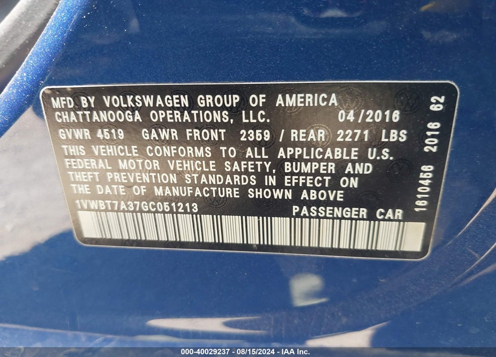 2016 VOLKSWAGEN PASSAT 1.8T SE VIN: 1VWBT7A37GC051213