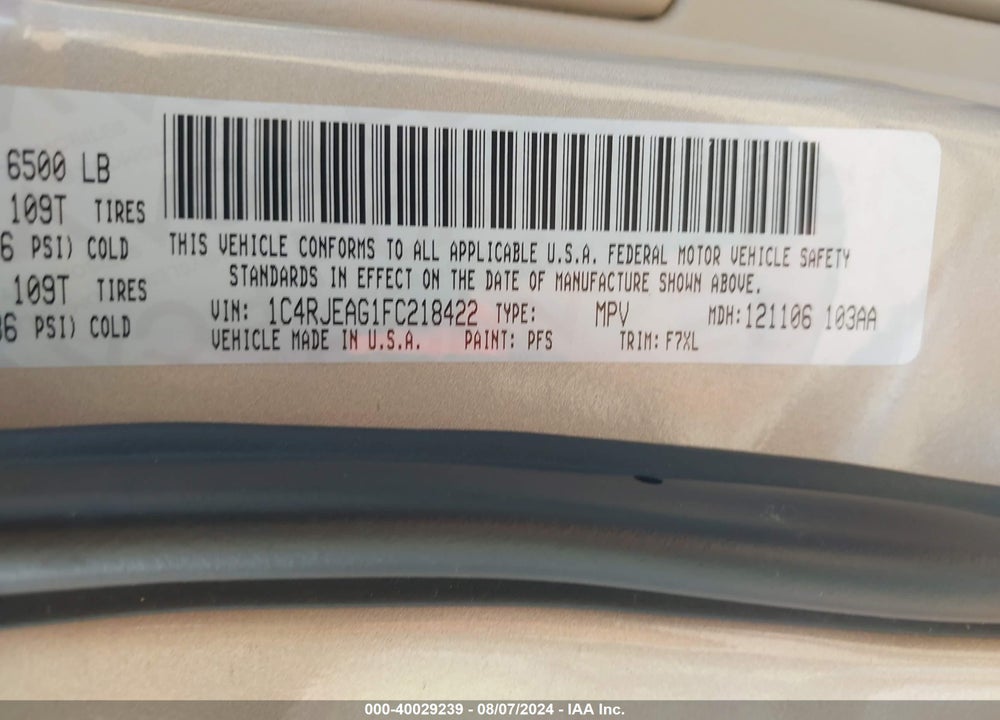 2015 JEEP GRAND CHEROKEE LAREDO VIN: 1C4RJEAG1FC218422
