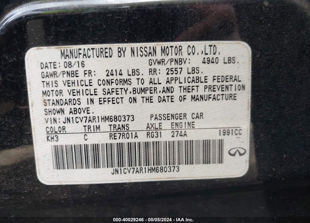 2017 INFINITI Q50 2.0T PREMIUM VIN: JN1CV7AR1HM680373