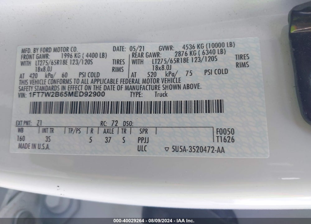 2021 FORD F-250 XLT VIN: 1FT7W2B65MED92900