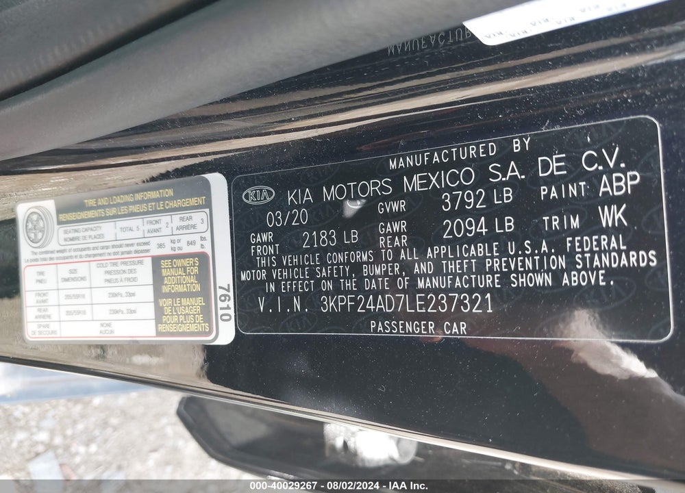 2020 KIA FORTE LXS VIN: 3KPF24AD7LE237321