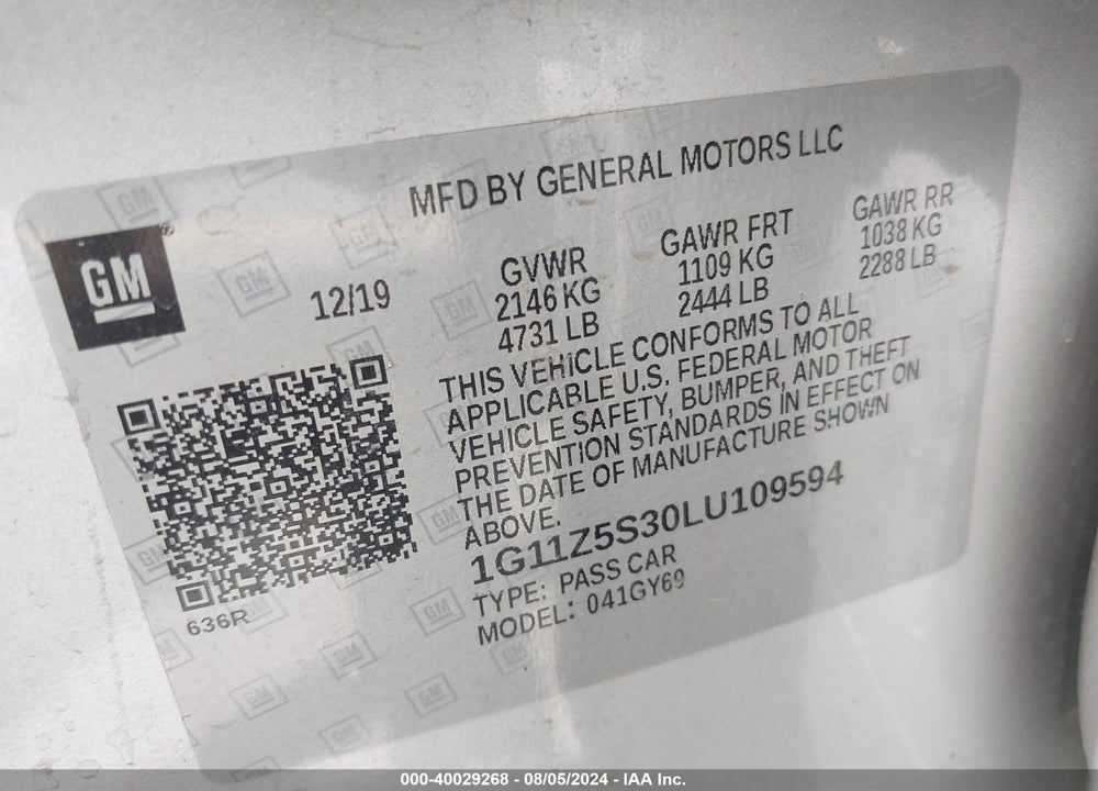2020 CHEVROLET IMPALA FWD LT VIN: 1G11Z5S30LU109594