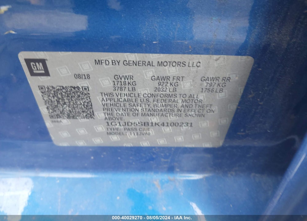 2019 CHEVROLET SONIC LT AUTO VIN: 1G1JD5SB1K4100231