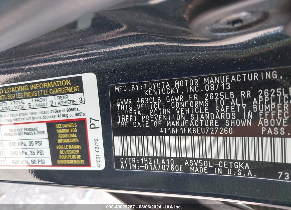 2014 TOYOTA CAMRY XLE VIN: 4T1BF1FK8EU727260
