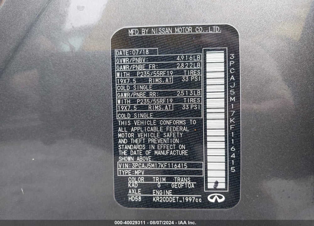 2019 INFINITI QX50 VIN: 3PCAJ5M17KF116415