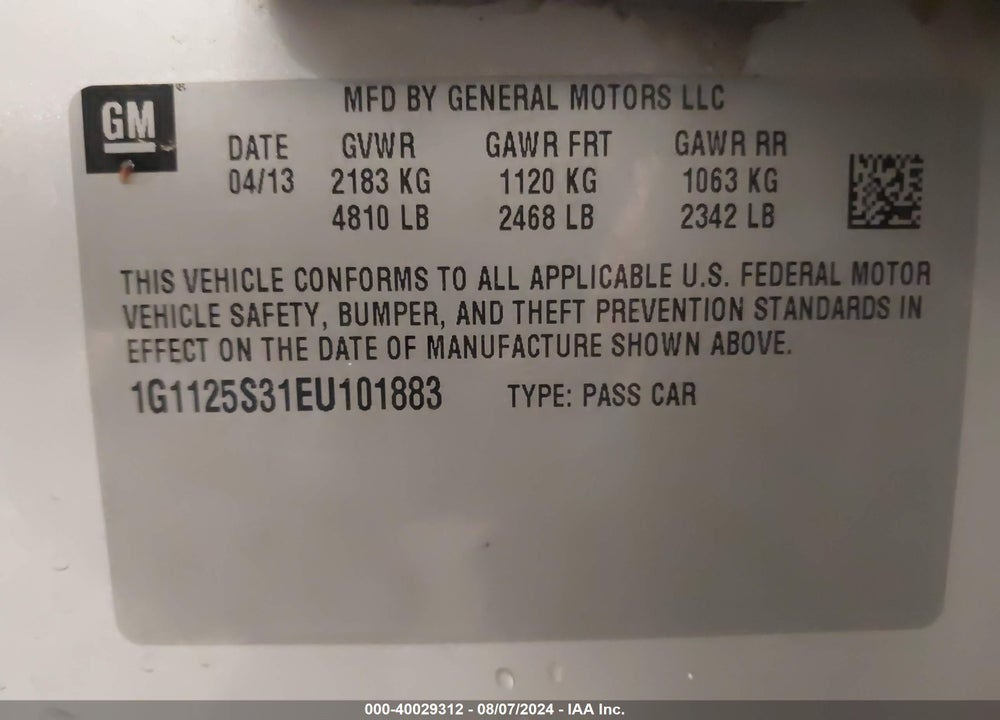 2014 CHEVROLET IMPALA 2LT VIN: 1G1125S31EU101883