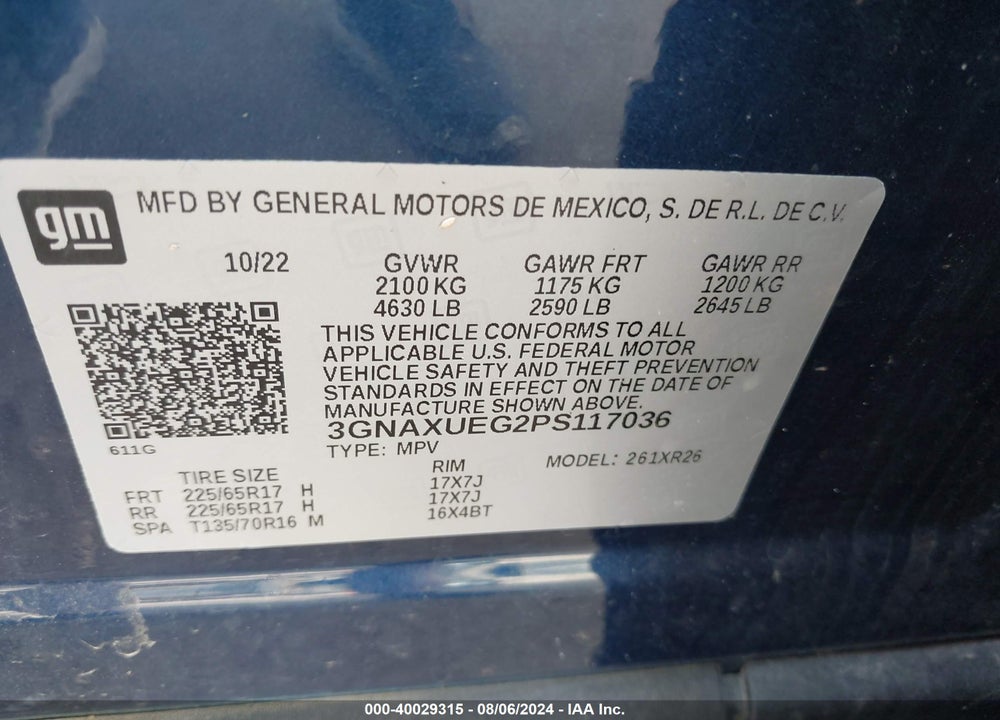 2023 CHEVROLET EQUINOX VIN: 3GNAXUEG2PS117036