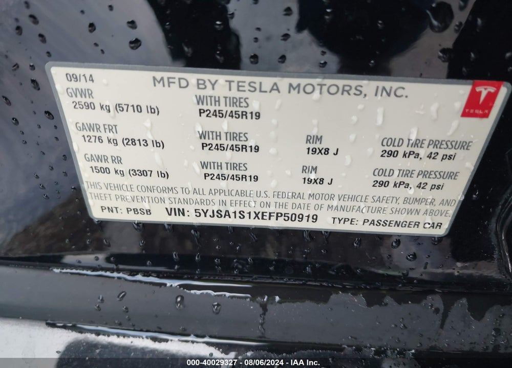 2014 TESLA MODEL S VIN: 5YJSA1S1XEFP50919