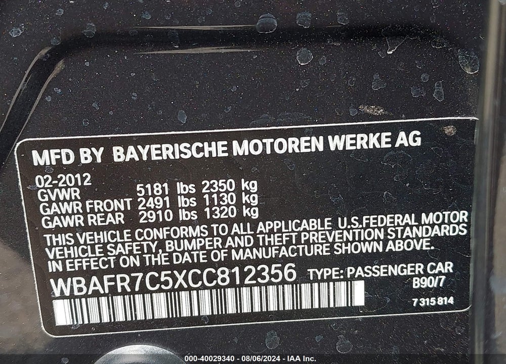 2012 BMW 535I VIN: WBAFR7C5XCC812356