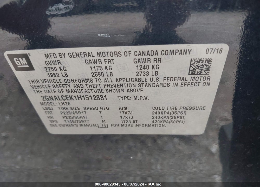 2017 CHEVROLET EQUINOX LT VIN: 2GNALCEK1H1512381