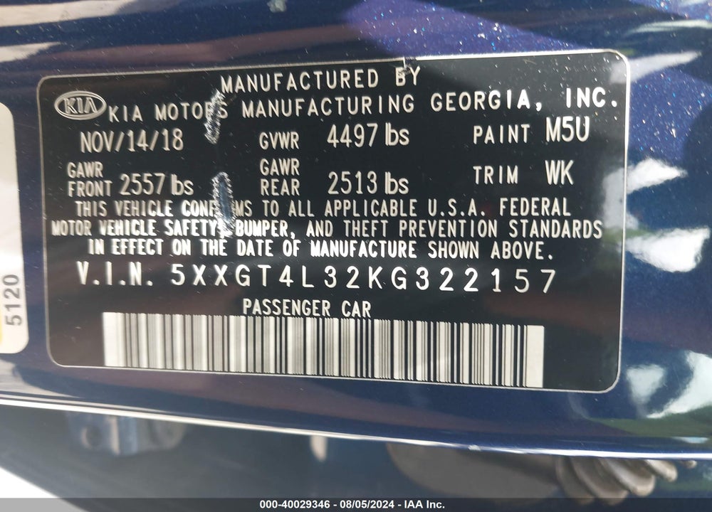 2019 KIA OPTIMA LX VIN: 5XXGT4L32KG322157