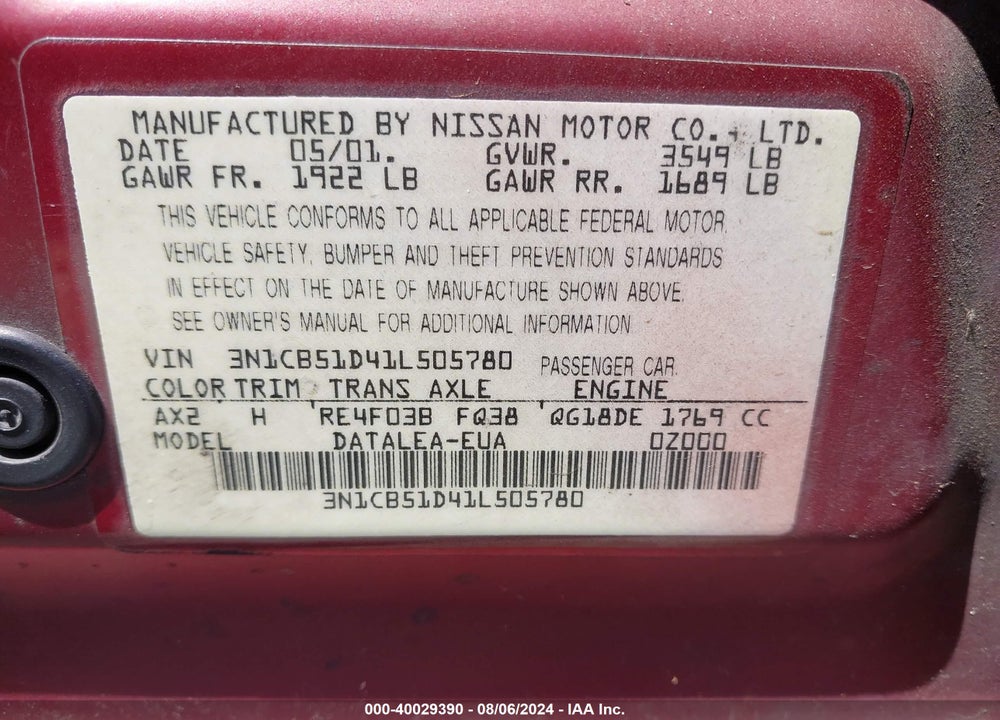 2001 NISSAN SENTRA GXE VIN: 3N1CB51D41L505780