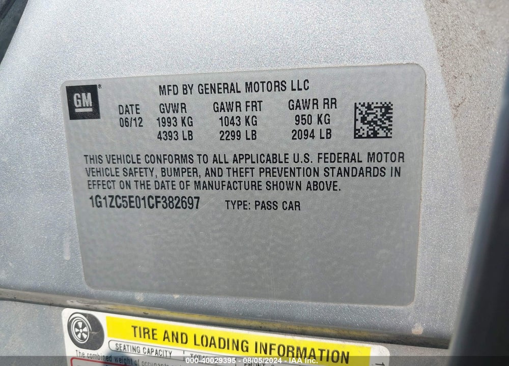 2012 CHEVROLET MALIBU 1LT VIN: 1G1ZC5E01CF382697