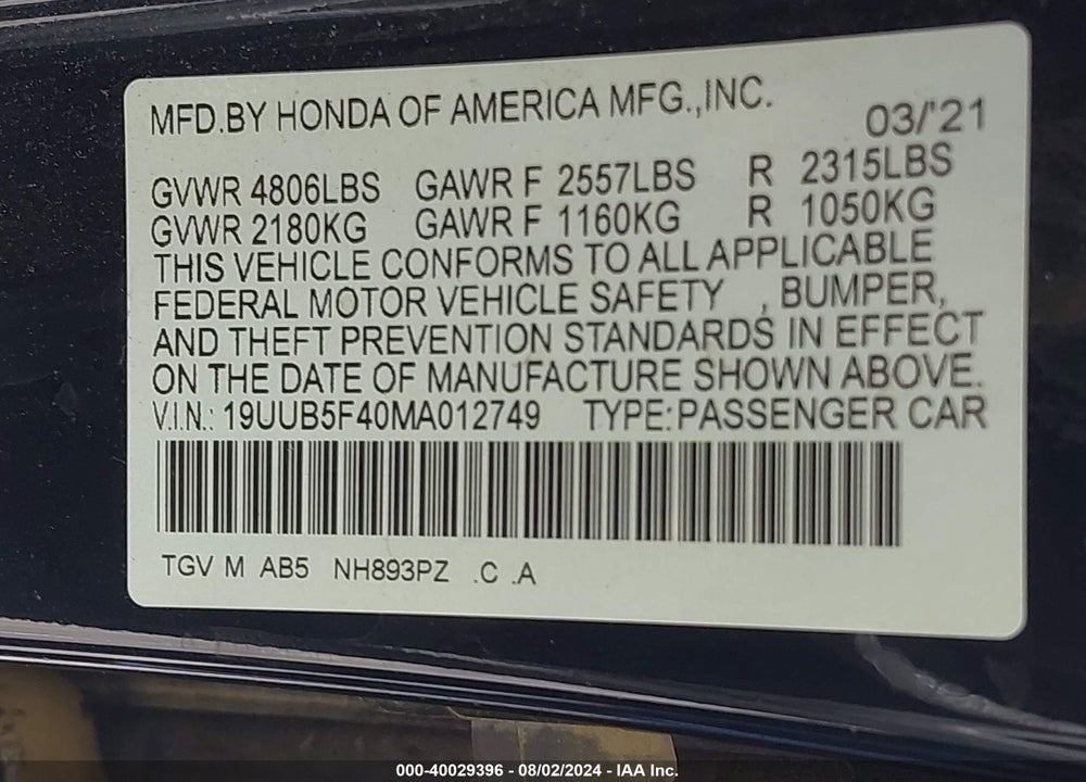 2021 ACURA TLX TECHNOLOGY PACKAGE VIN: 19UUB5F40MA012749
