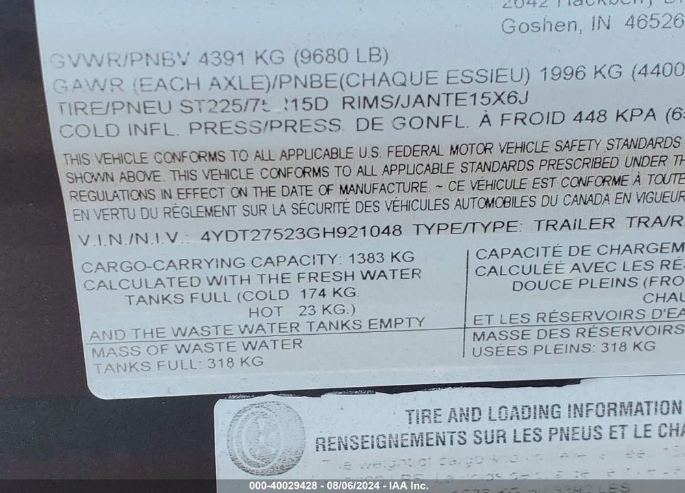 2016 KEYSTONE ASPEN TRAIL VIN: 4YDT27523GH921048