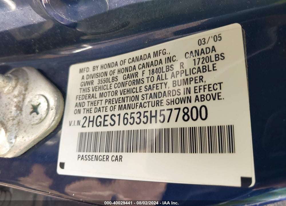 2005 HONDA CIVIC LX VIN: 2HGES16535H577800