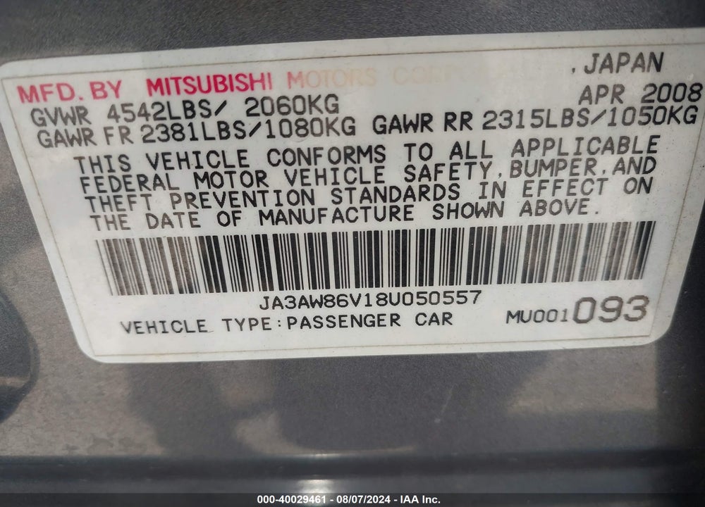2008 MITSUBISHI LANCER EVOLUTION GSR VIN: JA3AW86V18U050557