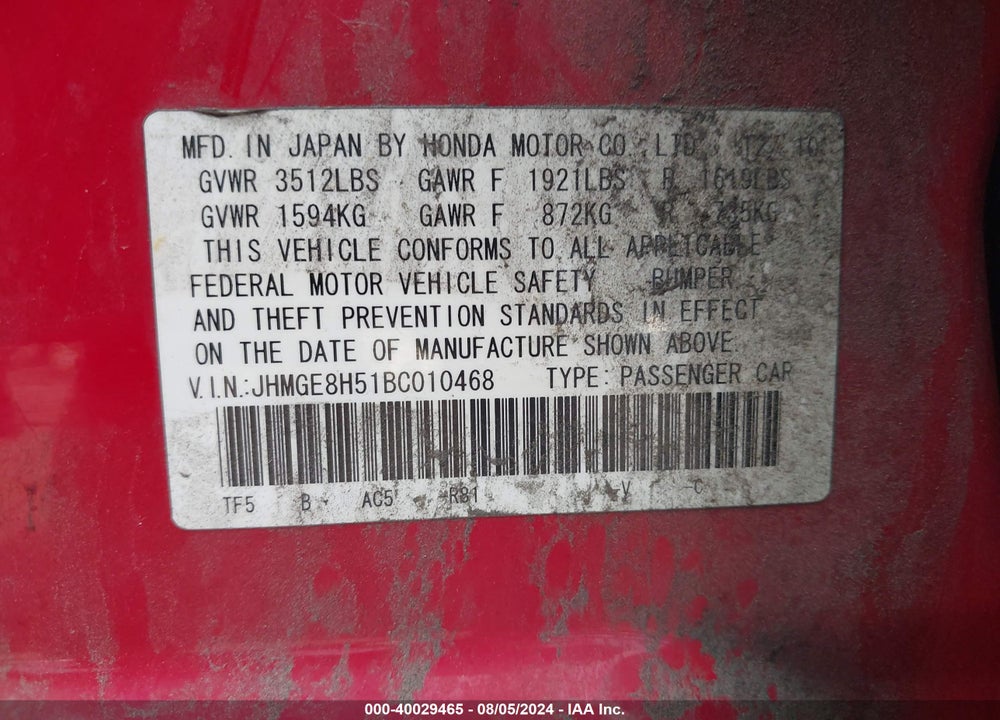 2011 HONDA FIT SPORT VIN: JHMGE8H51BC010468