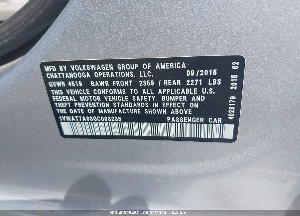 2016 VOLKSWAGEN PASSAT 1.8T S VIN: 1VWAT7A33GC003235