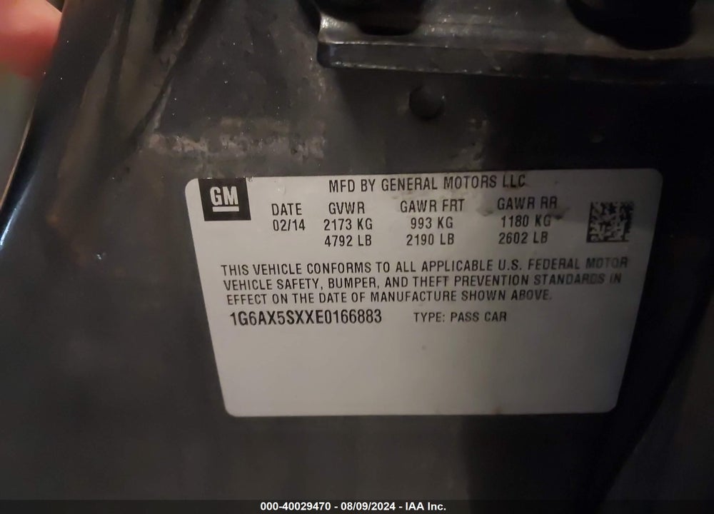 2014 CADILLAC CTS LUXURY VIN: 1G6AX5SXXE0166883