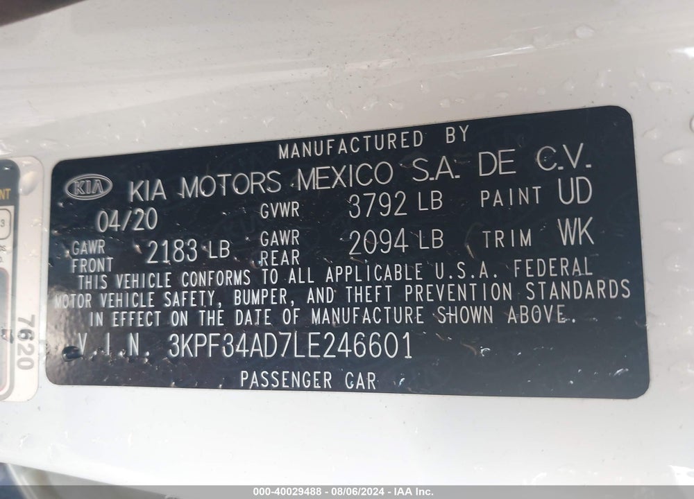 2020 KIA FORTE GT LINE VIN: 3KPF34AD7LE246601