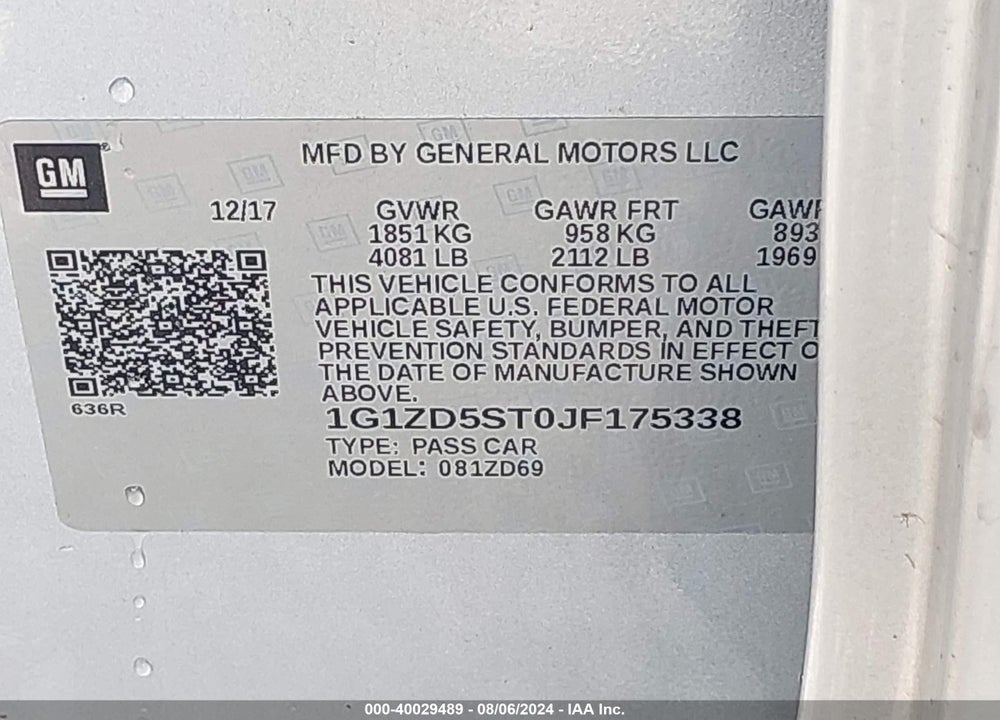 2018 CHEVROLET MALIBU LT VIN: 1G1ZD5ST0JF175338