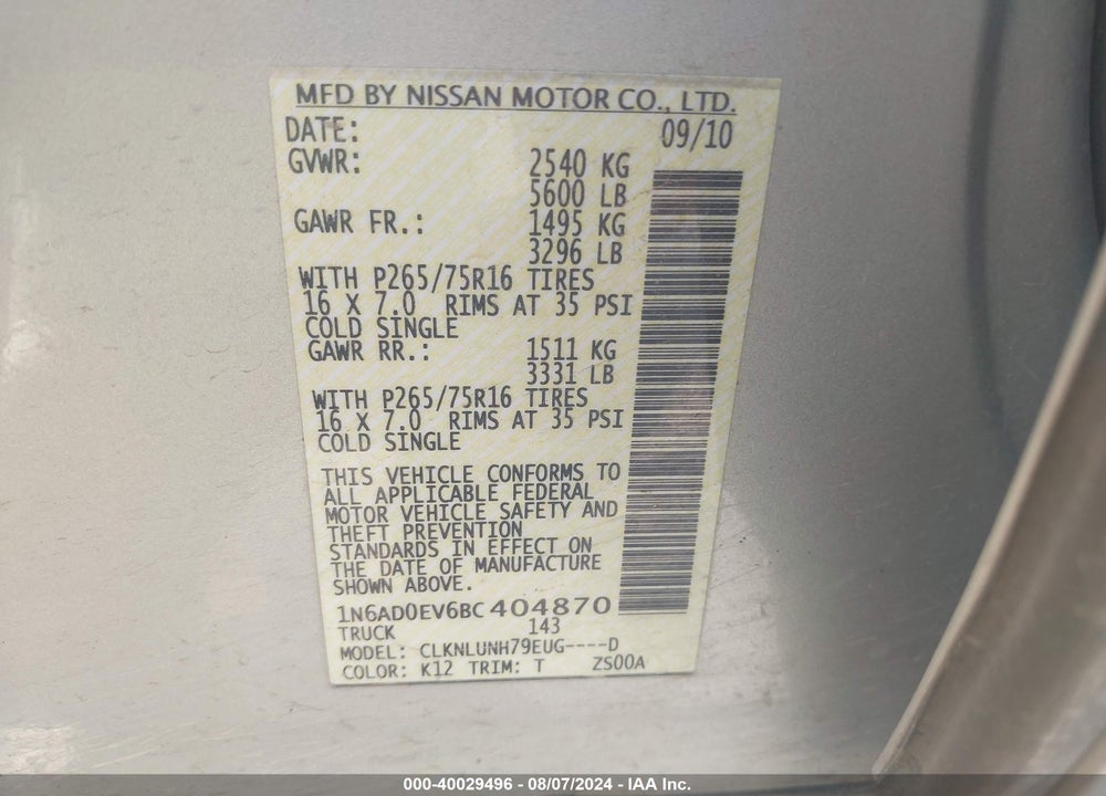 2011 NISSAN FRONTIER PRO-4X/S/SL/SV VIN: 1N6AD0EV6BC404870