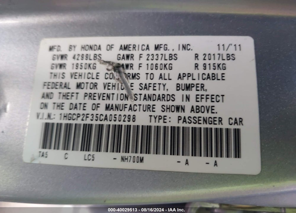 2012 HONDA ACCORD 2.4 LX VIN: 1HGCP2F35CA050298