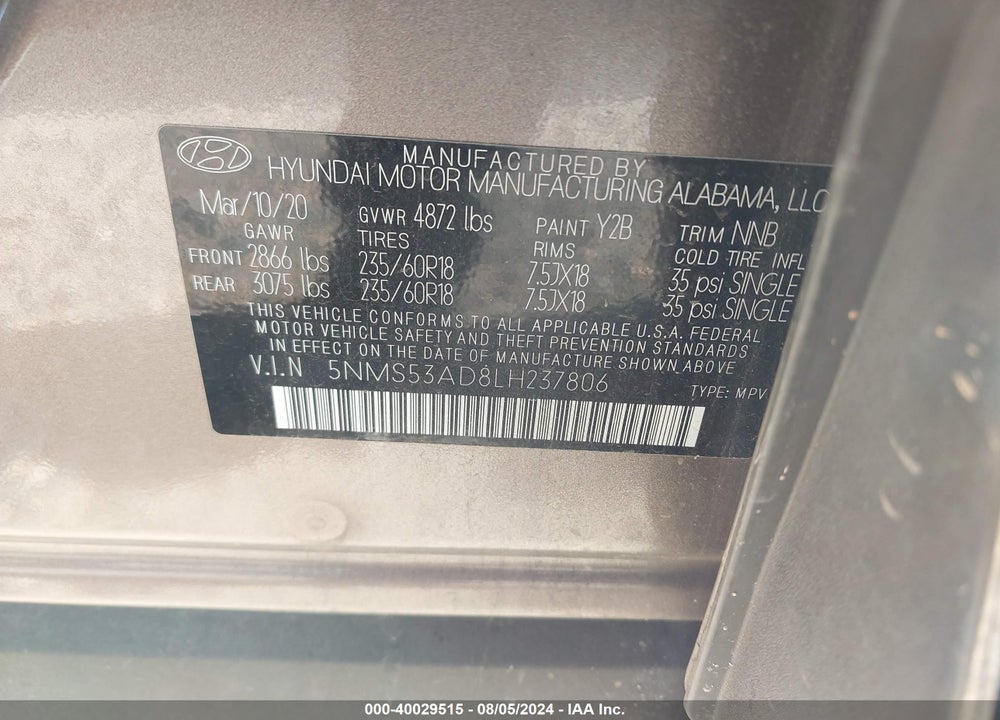 2020 HYUNDAI SANTA FE LIMITED VIN: 5NMS53AD8LH237806