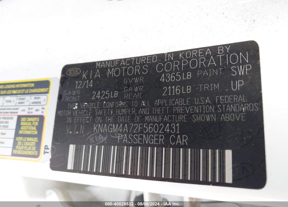 2015 KIA OPTIMA LX VIN: KNAGM4A72F5602431