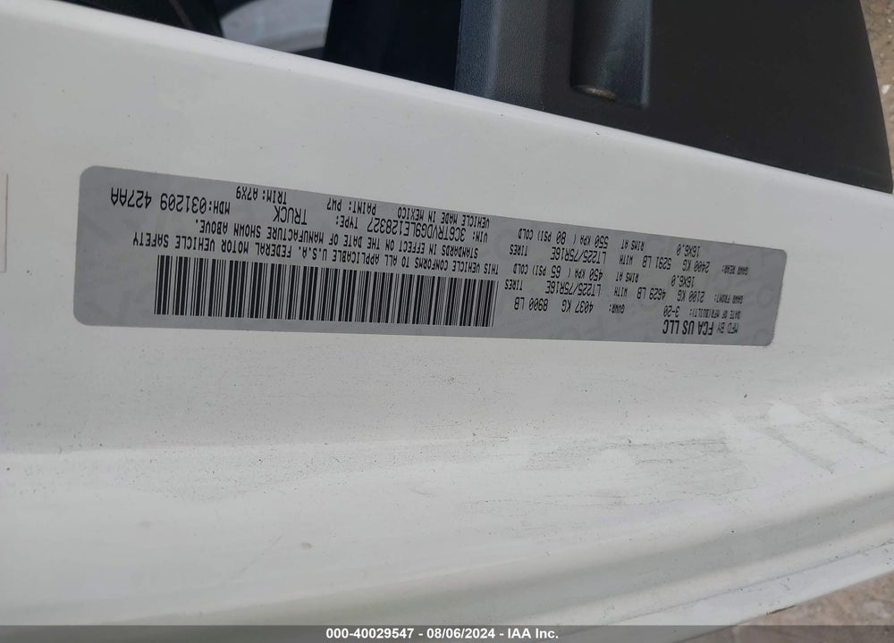 2020 RAM PROMASTER 2500 HIGH ROOF 159 WB VIN: 3C6TRVDG9LE128327