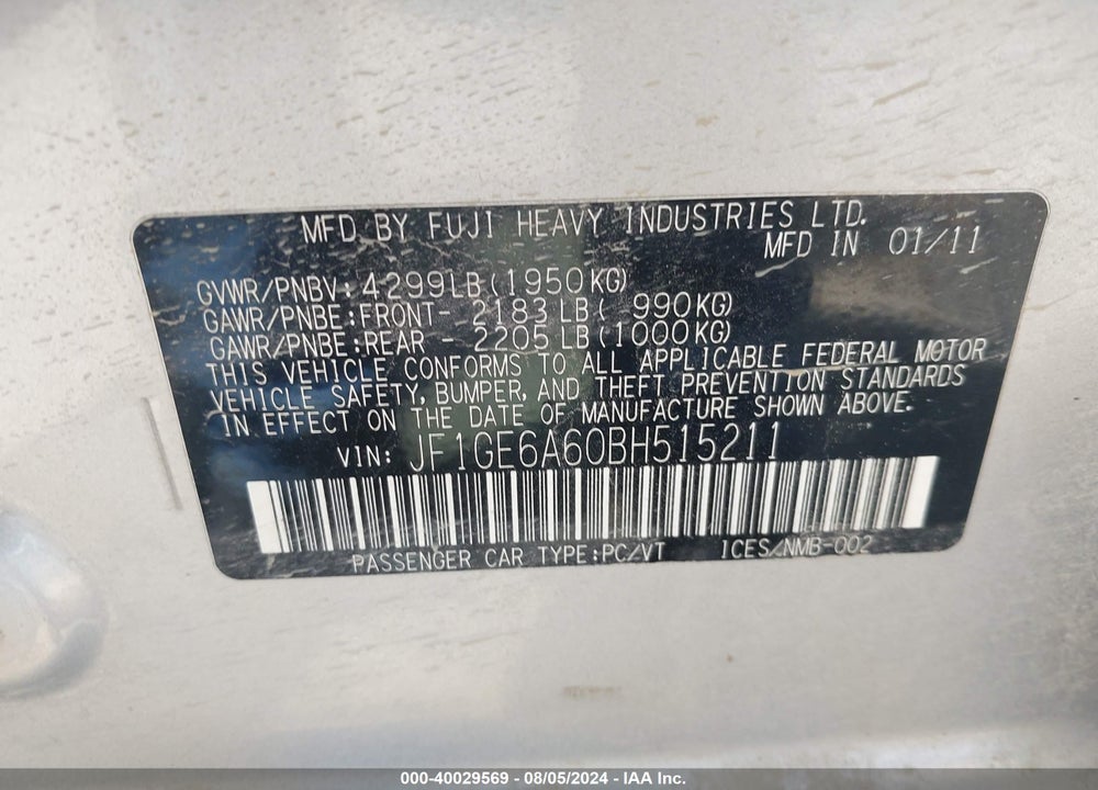 2011 SUBARU IMPREZA 2.5I VIN: JF1GE6A60BH515211