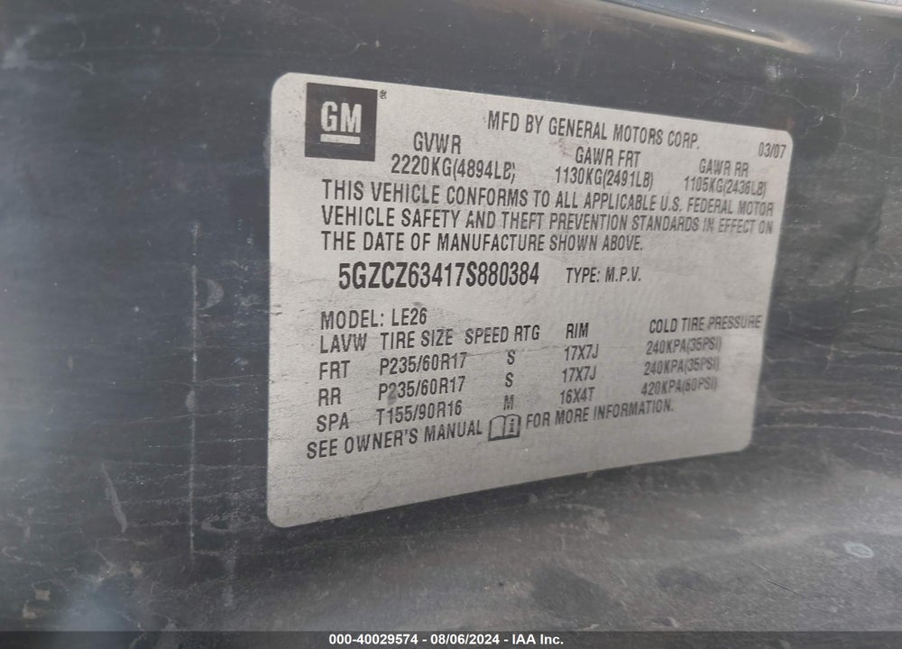 2007 SATURN VUE V6 VIN: 5GZCZ63417S880384
