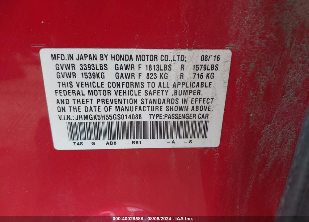 2016 HONDA FIT LX VIN: JHMGK5H55GS014088