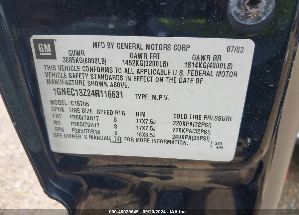 2004 CHEVROLET TAHOE C1500 VIN: 1GNEC13Z24R116631