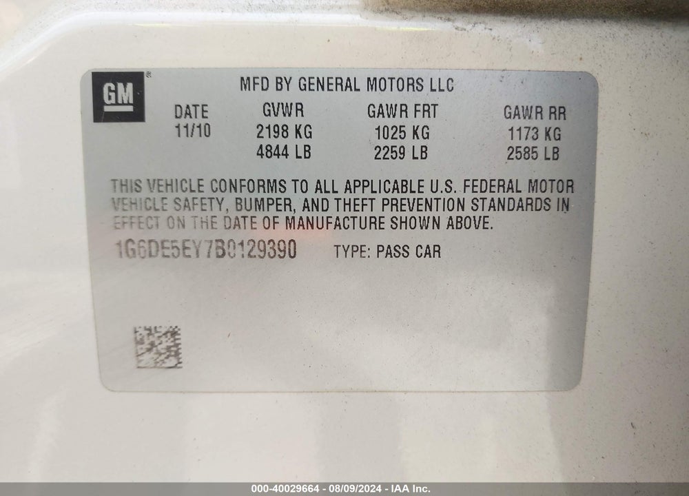 2011 CADILLAC CTS VIN: 1G6DE5EY7B0129390