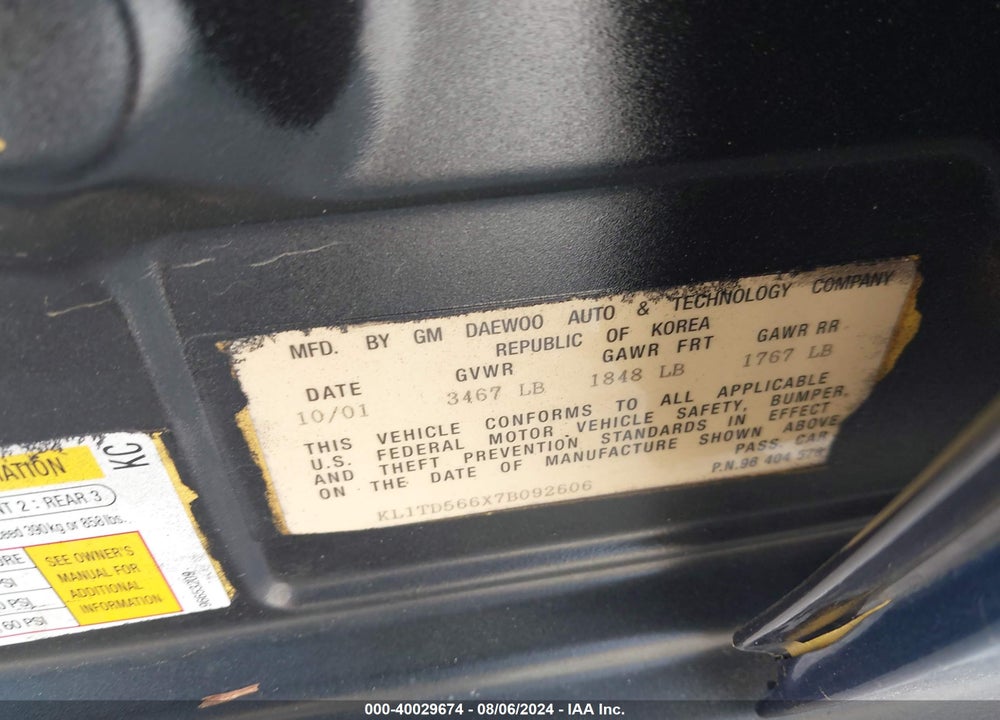 2007 CHEVROLET AVEO LS VIN: KL1TD566X7B092606